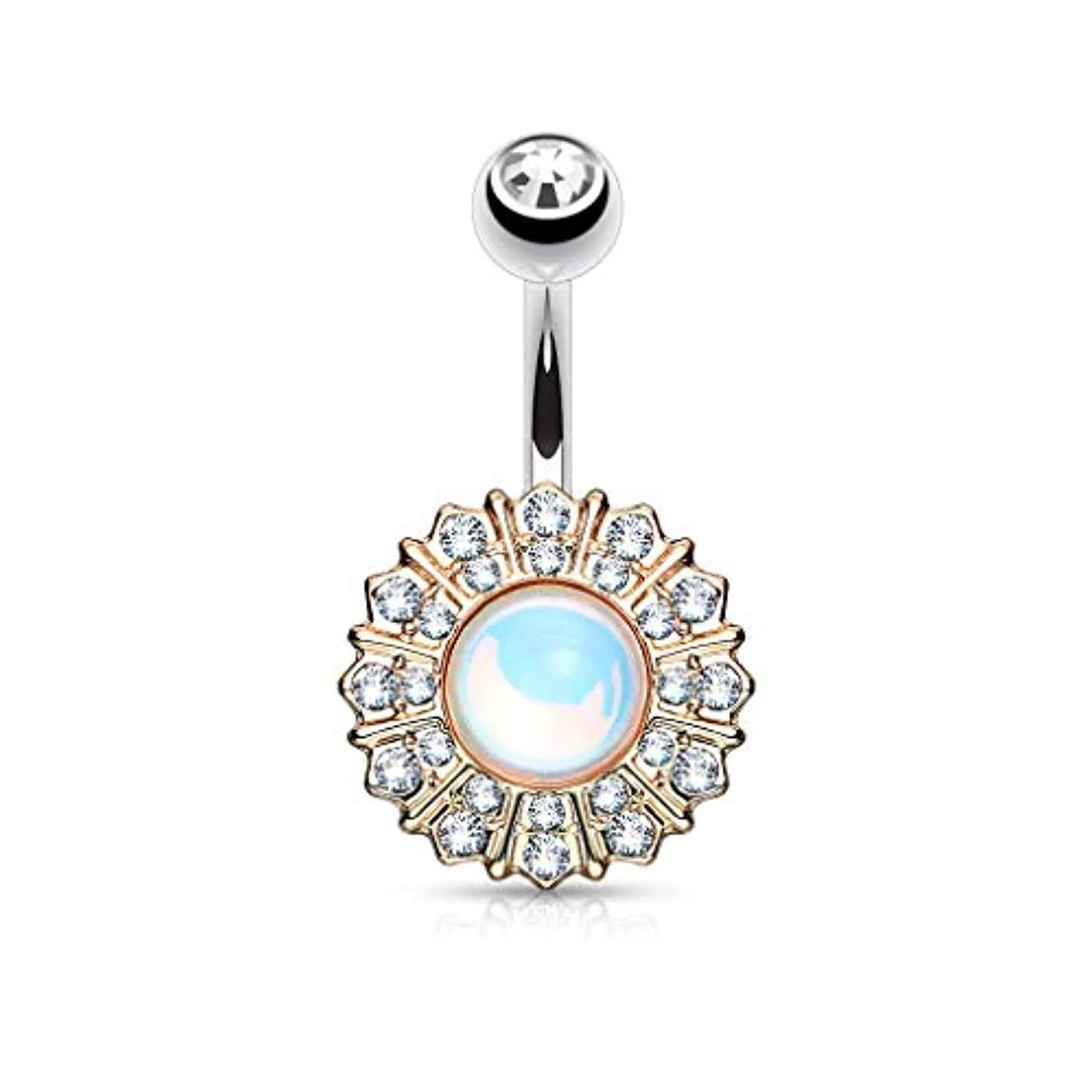 White Revo Reflecting Stone Center Gem Paved Round Flower 316L Surgical Steel WildKlass Belly Button Navel Rings