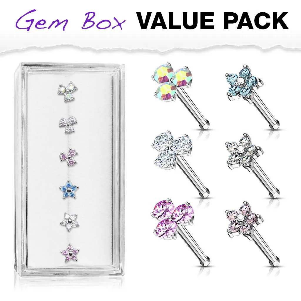 WILDKLASS 6 Pcs of Three Prong Set Round CZ Triangle and Five CZ Flower Top 316L Surgical Steel 20ga Nose Stud Rings Gem Box Package