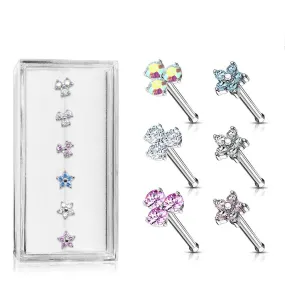 WILDKLASS 6 Pcs of Three Prong Set Round CZ Triangle and Five CZ Flower Top 316L Surgical Steel 20ga Nose Stud Rings Gem Box Package