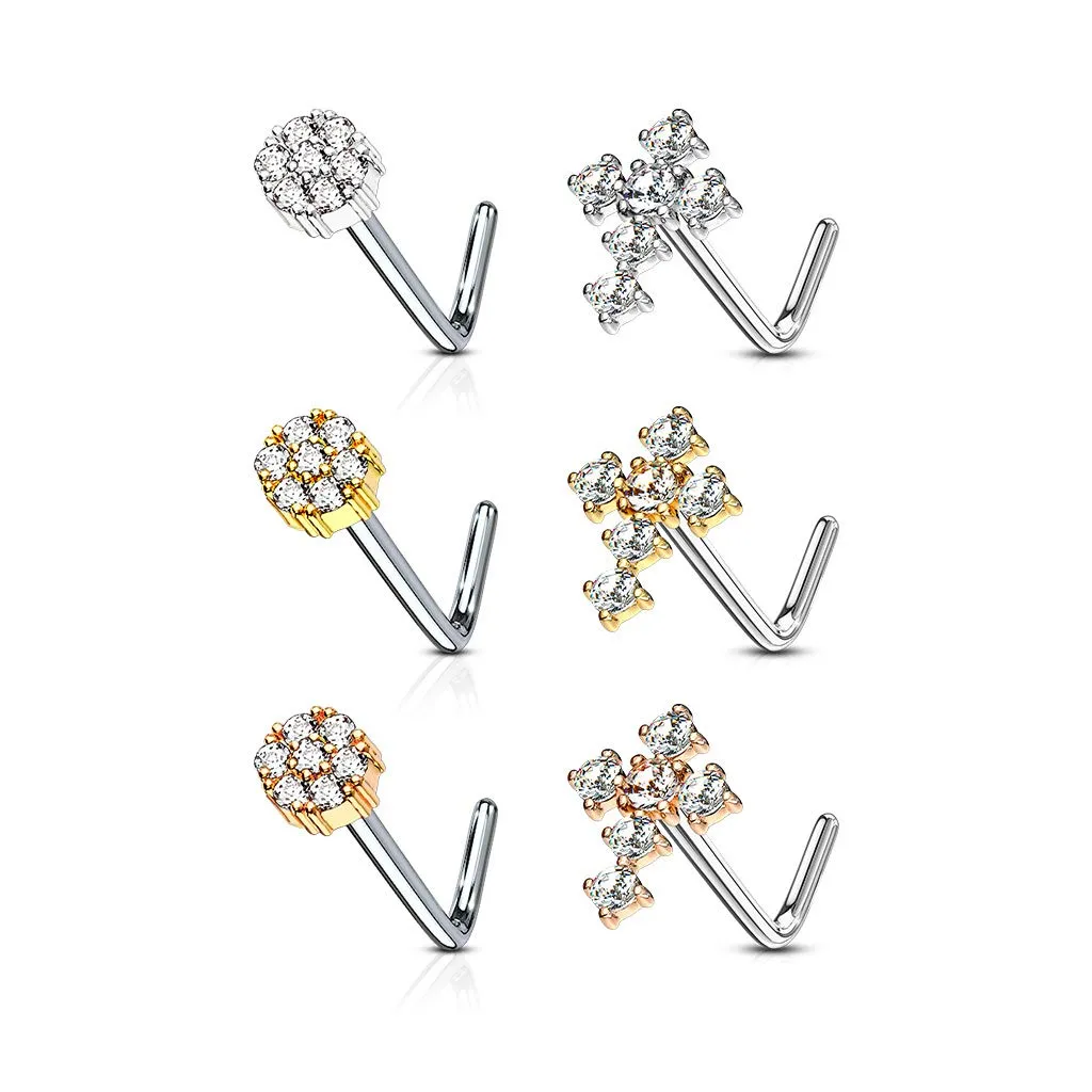 WILDKLASS 6 pcs Pre Loaded Gem Box Value Pack CZ Paved Small Flower and Cross 316L Surgical Steel L Bend Nose Stud Rings