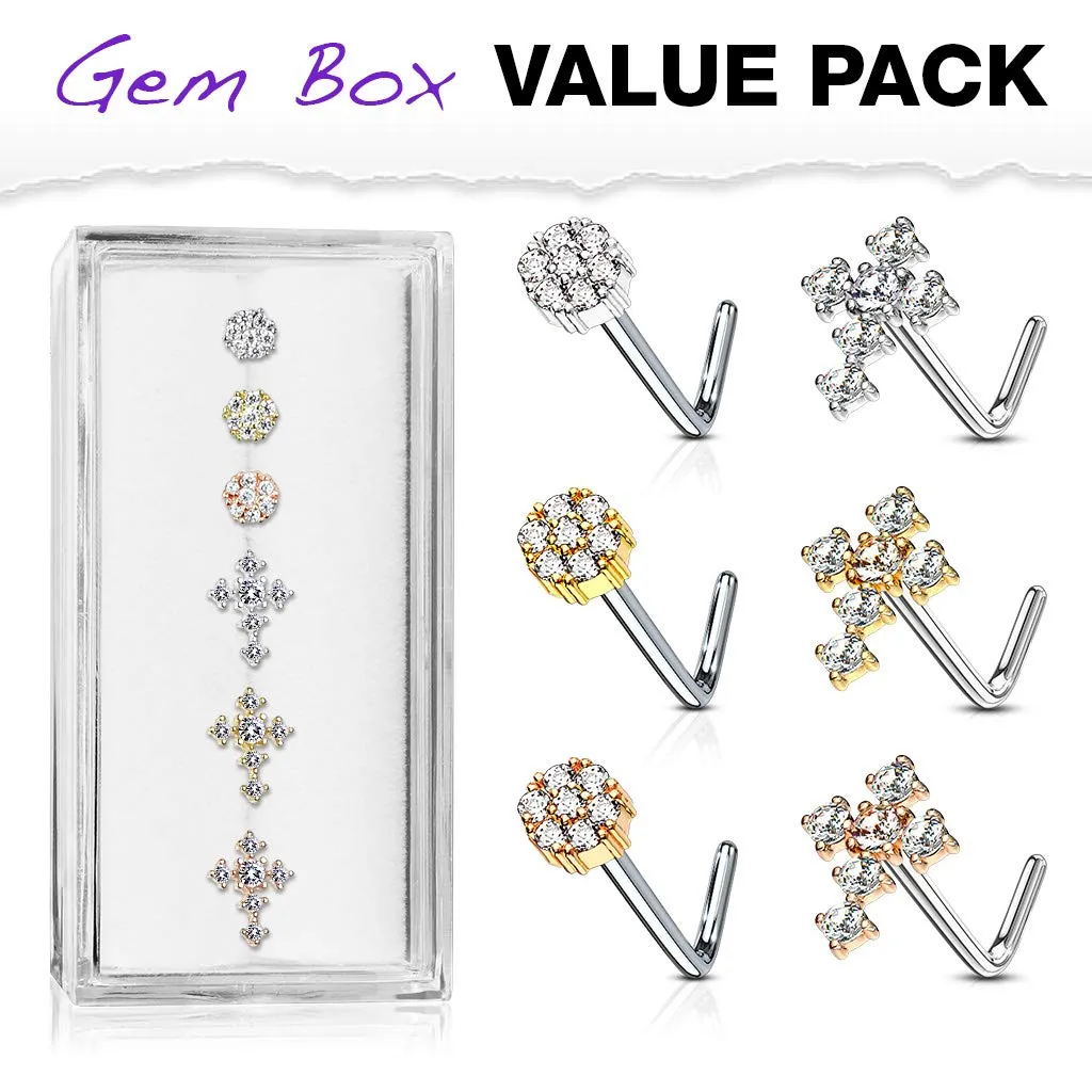 WILDKLASS 6 pcs Pre Loaded Gem Box Value Pack CZ Paved Small Flower and Cross 316L Surgical Steel L Bend Nose Stud Rings