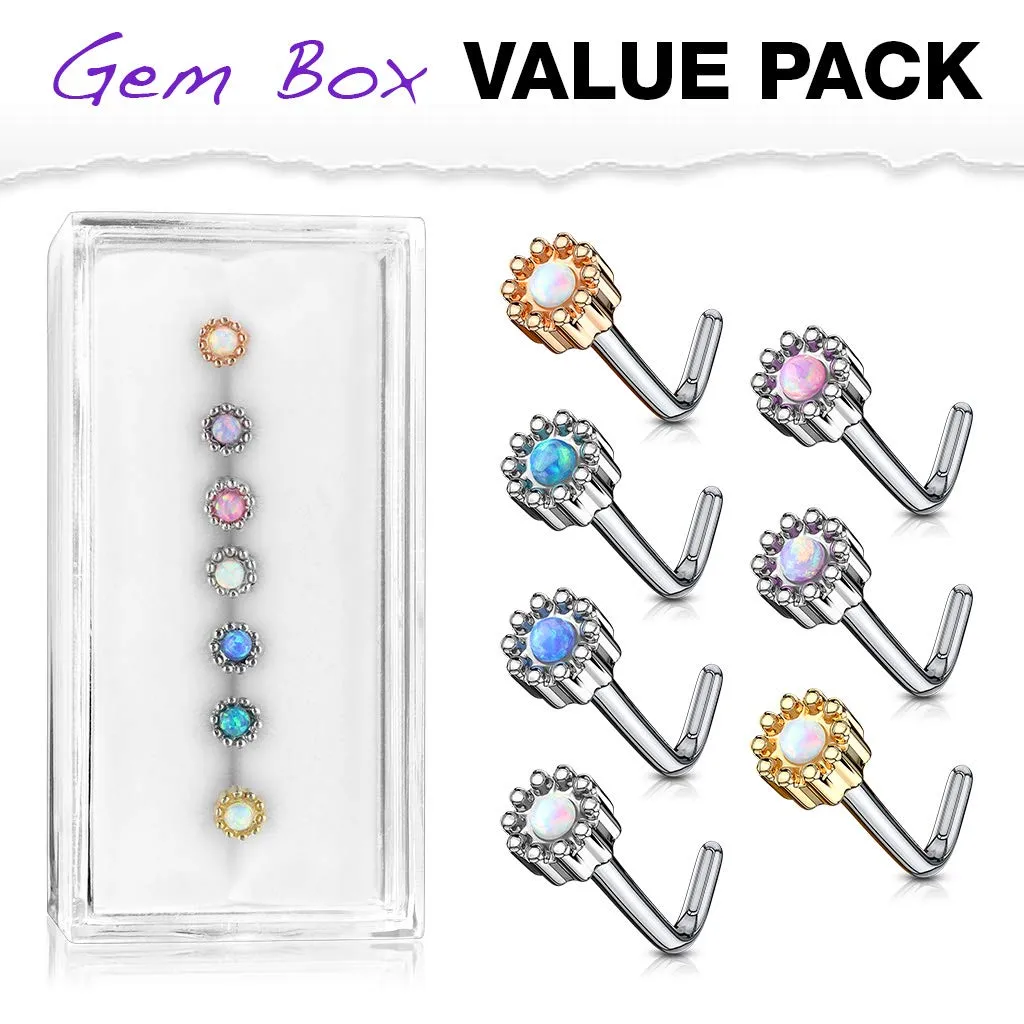 WILDKLASS 7 Pcs of Opal Set Round Top 316L Surgical Steel L Bend Nose Stud Rings Gem Box Package