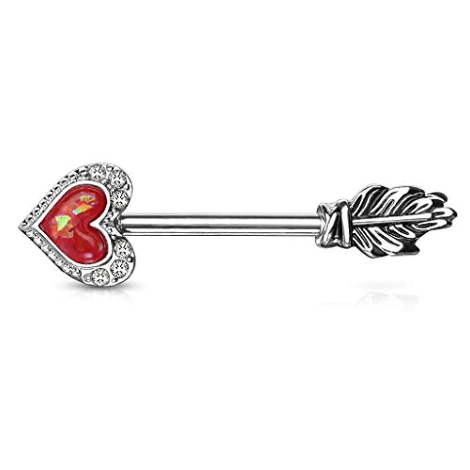 WildKlass Opal Glitter Heart CZ Paved Outline Arrow with Feather End 316L Surgical Steel Nipple Barbell Rings