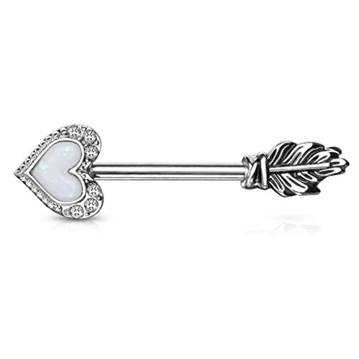 WildKlass Opal Glitter Heart CZ Paved Outline Arrow with Feather End 316L Surgical Steel Nipple Barbell Rings