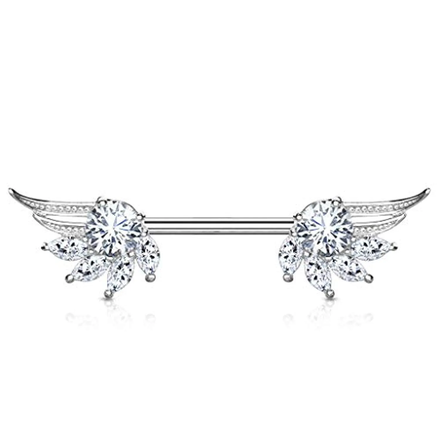 WildKlass Round and Marquise CZ Prong Set Angel Wings Ends 316L Surgical Steel Nipple Barbell Rings