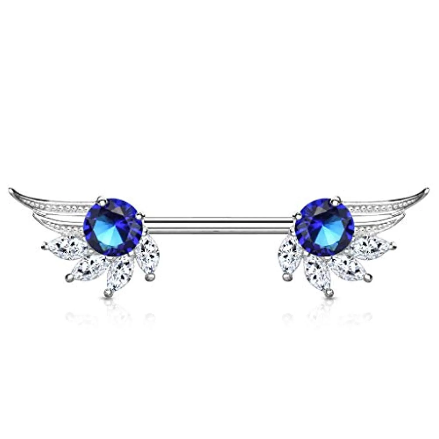 WildKlass Round and Marquise CZ Prong Set Angel Wings Ends 316L Surgical Steel Nipple Barbell Rings