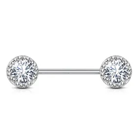 WildKlass Round CZ Center with CZ Paved Around Ends 316L Surgical Steel Nipple Barbell Rings