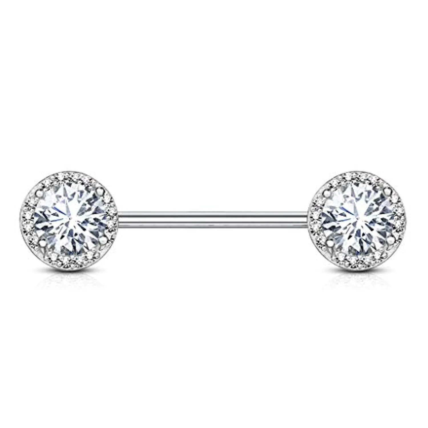 WildKlass Round CZ Center with CZ Paved Around Ends 316L Surgical Steel Nipple Barbell Rings