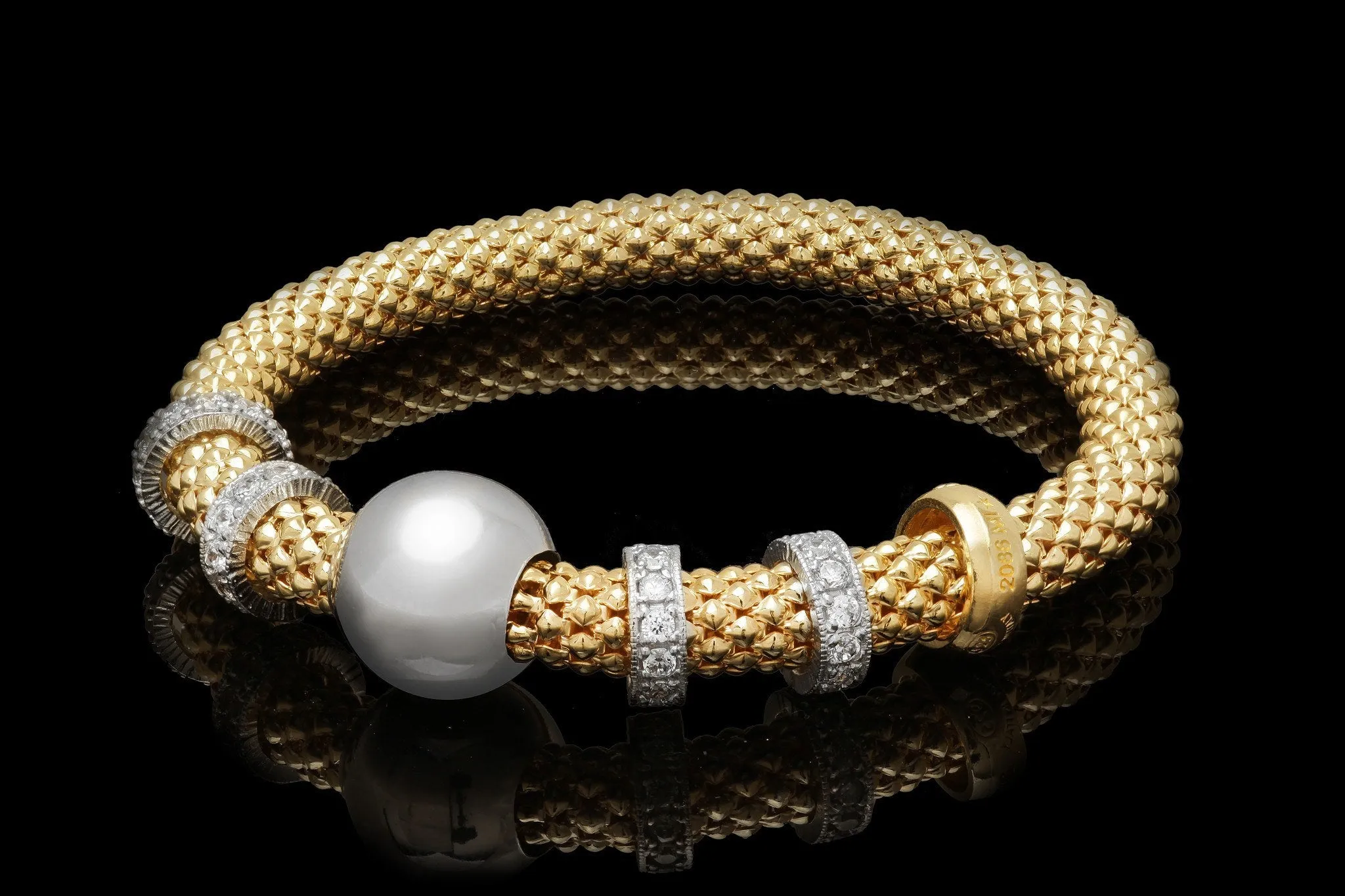 Yellow Gold Plated Silver Beaded Stretch Bracelet with multiple Rows of Cubic Zirconia Rings 19cm long - Ceilo Milan